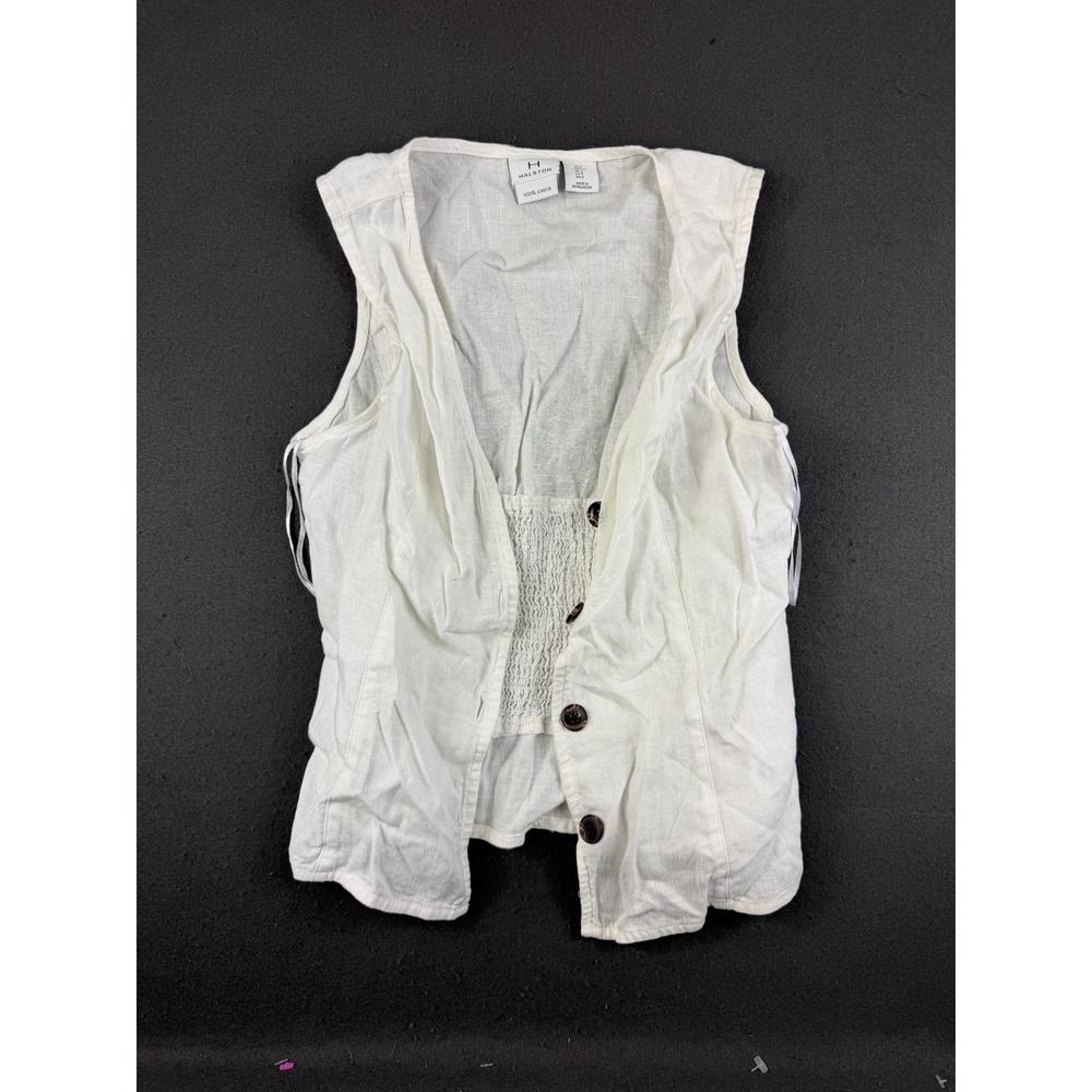 Halston Womens White Vest Button Up Top Smocked Breathable Linen Regular Fit S